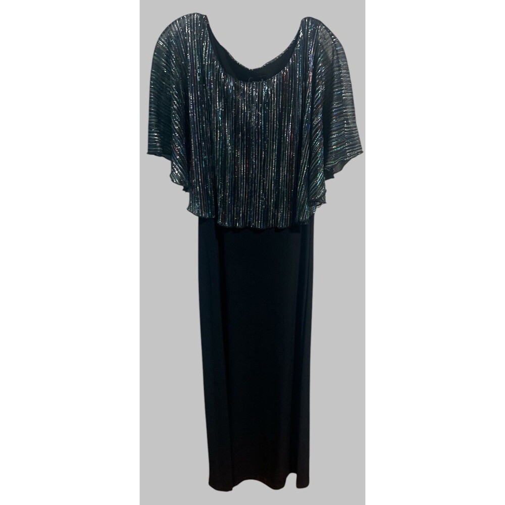 Connected Apparel Dress Size 8 Black Metallic Maxi Cape Overlay Evening Gown
